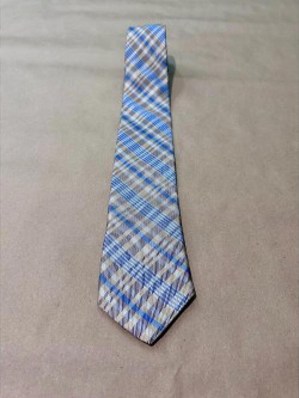 🩵 Haspel 100% Silk Plaid Tie Gold Beige Blue Preppy Classic 58x3 VGUC